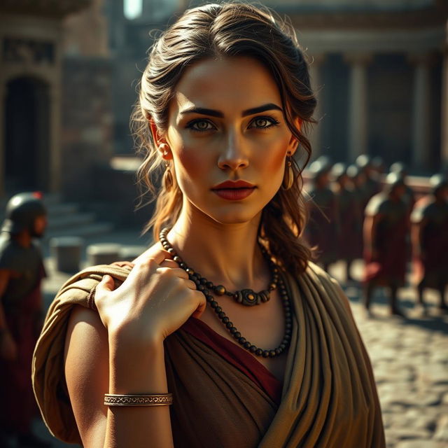 A beautiful woman in ancient Roman attire, with an air of troubled elegance