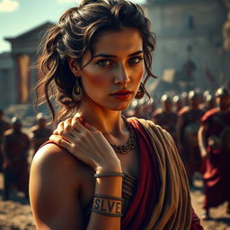 A beautiful woman in ancient Roman attire, with an air of troubled elegance