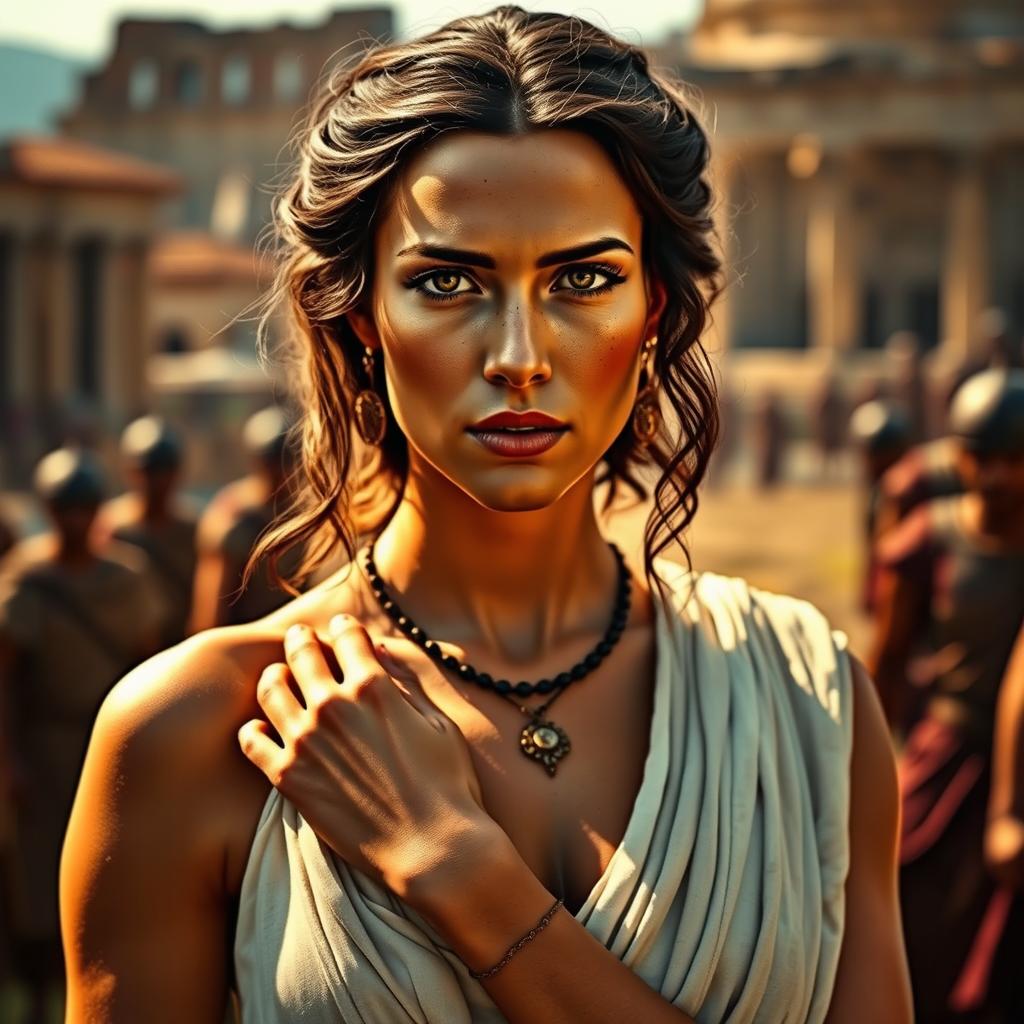 A beautiful woman in ancient Roman attire, with an air of troubled elegance