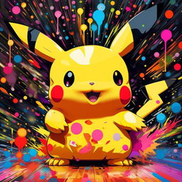 Enhance the previous image of the Murakami print of Pikachu for a more stunning effect. Amplify the vibrancy and richness of the colors, increase the resolution, and intensify the beautiful superflat art elements.