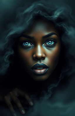 A beautiful African woman with striking blue eyes, caught in a haunting nightmare