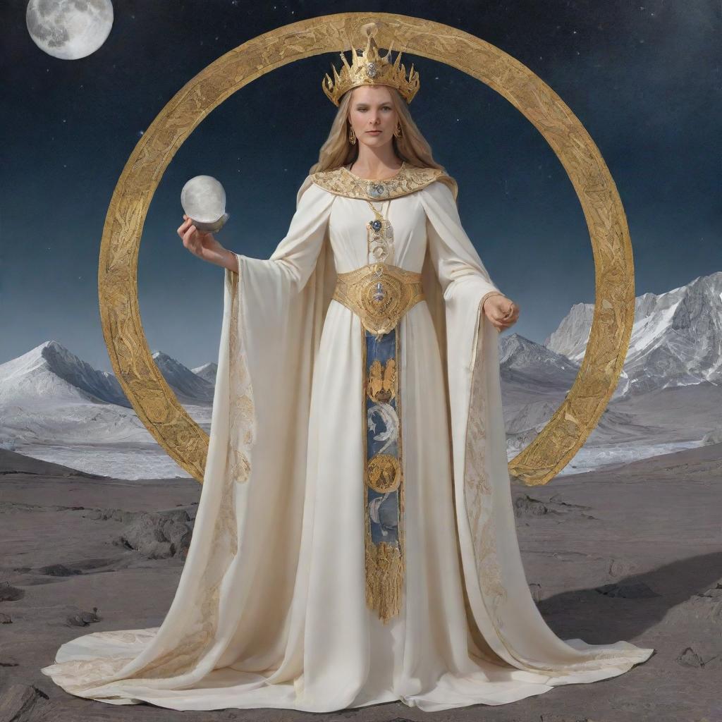 A visually detailed representation of the High Priestess tarot card, featuring a majestic female figure in ceremonial robes, holding a sacred scroll in a lunar landscape.