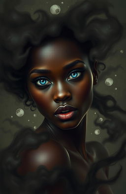 A beautiful African woman with striking blue eyes, caught in a haunting nightmare