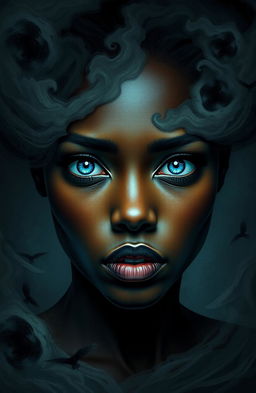 A beautiful African woman with striking blue eyes, caught in a haunting nightmare