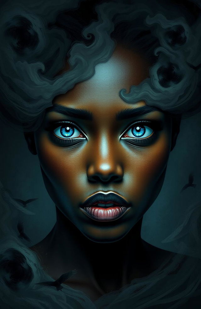 A beautiful African woman with striking blue eyes, caught in a haunting nightmare