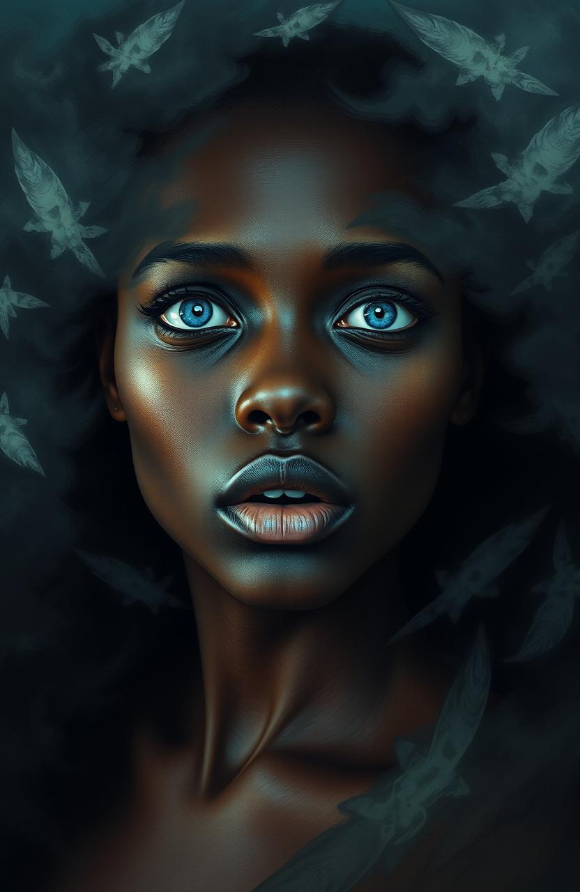 A beautiful African woman with striking blue eyes, caught in a haunting nightmare