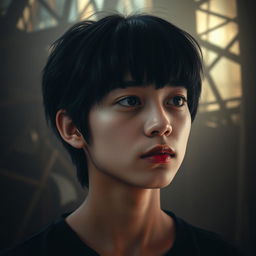 A reflective portrait of a 22-year-old individual with black hair and short bangs, featuring slightly larger, fuller lips, deep in thought