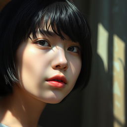 A reflective portrait of a 22-year-old individual with black hair and short bangs, featuring slightly larger, fuller lips, deep in thought