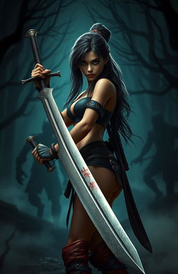 A cinematic, stylized depiction of a horror-themed video game, showcasing a fierce and confident young woman in a slasher environment