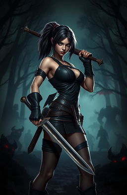 A cinematic, stylized depiction of a horror-themed video game, showcasing a fierce and confident young woman in a slasher environment