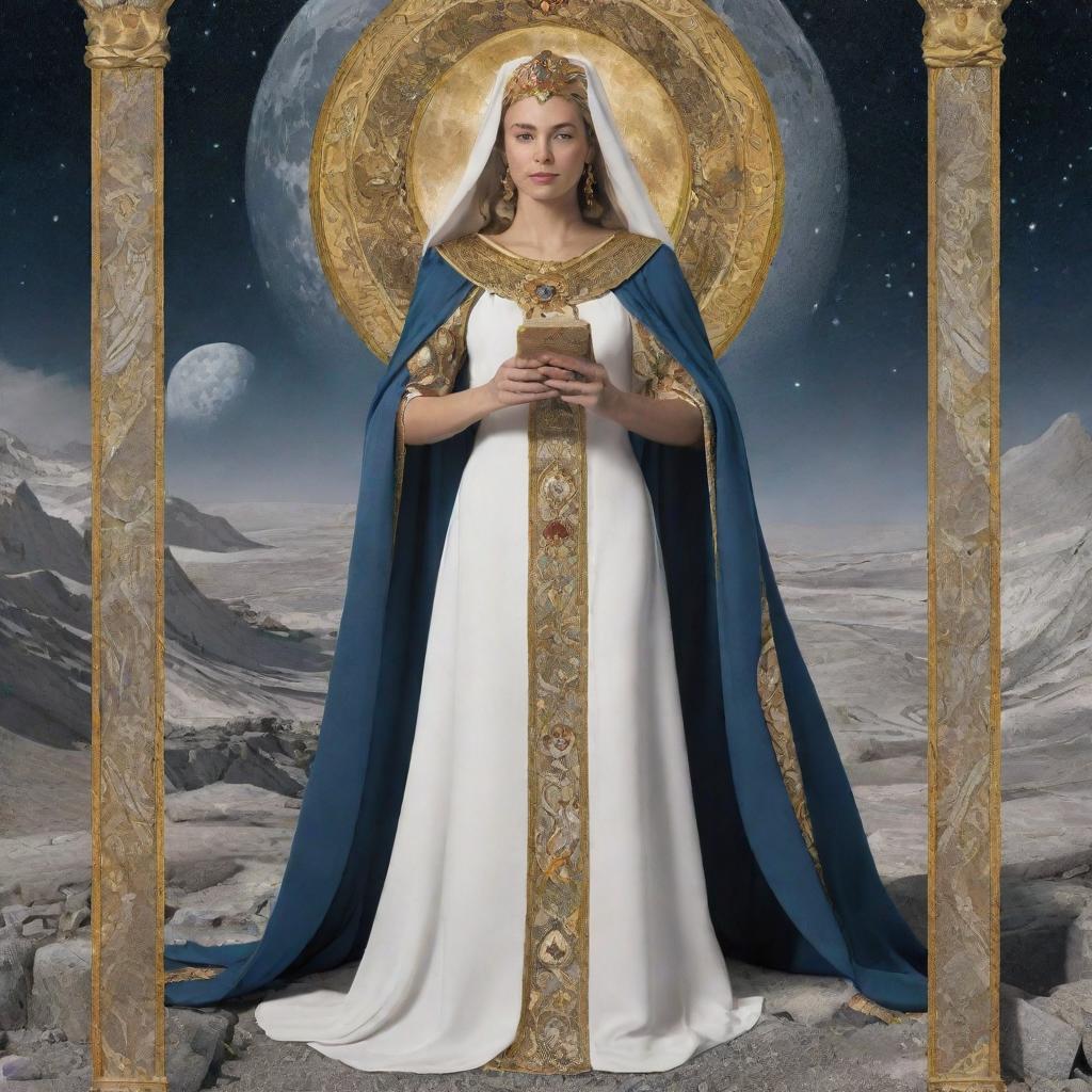 A visually detailed representation of the High Priestess tarot card, featuring a majestic female figure in ceremonial robes, holding a sacred scroll in a lunar landscape.