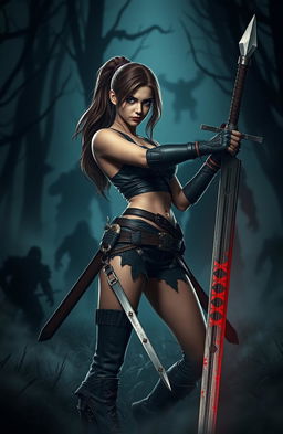 A cinematic, stylized depiction of a horror-themed video game, showcasing a fierce and confident young woman in a slasher environment