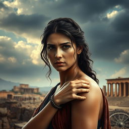 A beautiful slave woman in ancient Roman attire, appearing troubled yet strong