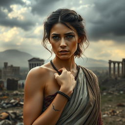 A beautiful slave woman in ancient Roman attire, appearing troubled yet strong