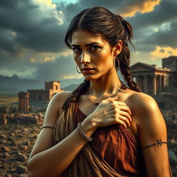 A beautiful slave woman in ancient Roman attire, appearing troubled yet strong