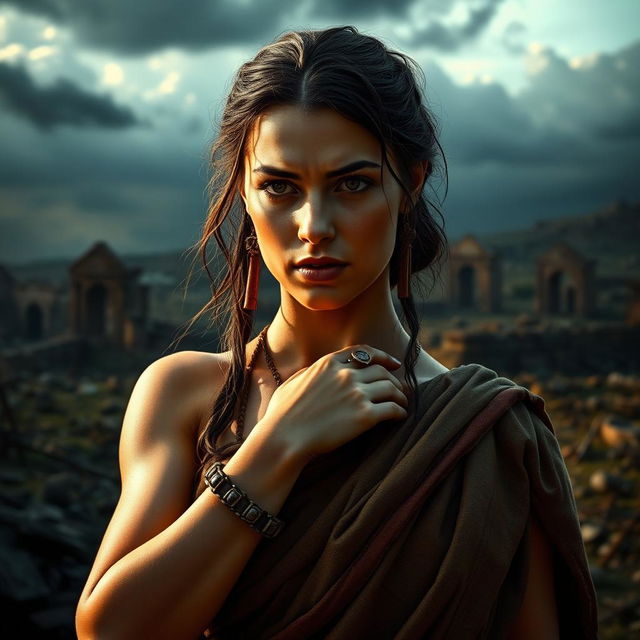 A beautiful slave woman in ancient Roman attire, appearing troubled yet strong