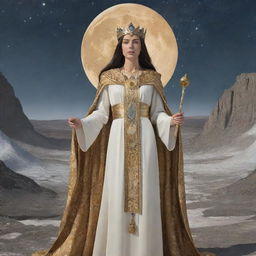 A visually detailed representation of the High Priestess tarot card, featuring a majestic female figure in ceremonial robes, holding a sacred scroll in a lunar landscape.