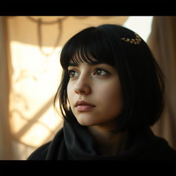 A reflective portrait of a 22-year-old Arab girl with black hair and short bangs, featuring fuller, more prominent lips, deep in thought