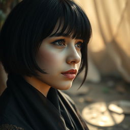 A reflective portrait of a 22-year-old Arab girl with black hair and short bangs, featuring fuller, more prominent lips, deep in thought