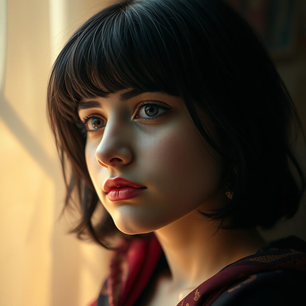 A reflective portrait of a 22-year-old Arab girl with black hair and short bangs, featuring fuller, more prominent lips, deep in thought