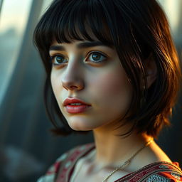 A reflective portrait of a 22-year-old Arab girl with black hair and short bangs, featuring fuller, more prominent lips, deep in thought