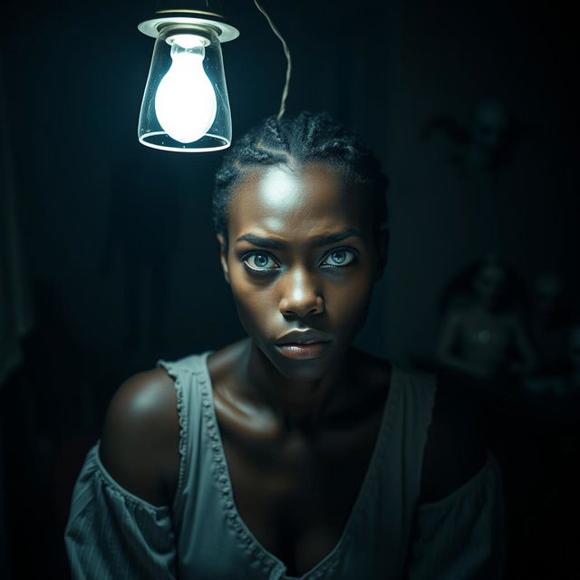 A beautiful African woman with striking blue eyes, sitting alone in a dark and horrifying room, her expression reflecting fear and vulnerability