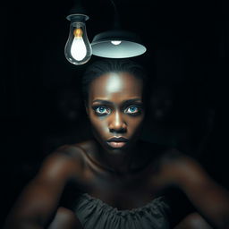 A beautiful African woman with striking blue eyes, sitting alone in a dark and horrifying room, her expression reflecting fear and vulnerability