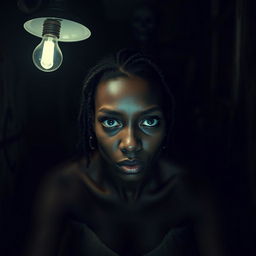 A beautiful African woman with striking blue eyes, sitting alone in a dark and horrifying room, her expression reflecting fear and vulnerability