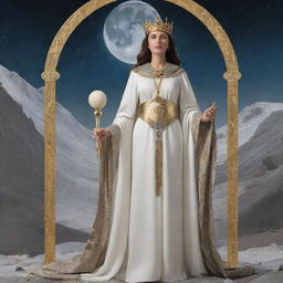 A visually detailed representation of the High Priestess tarot card, featuring a majestic female figure in ceremonial robes, holding a sacred scroll in a lunar landscape.