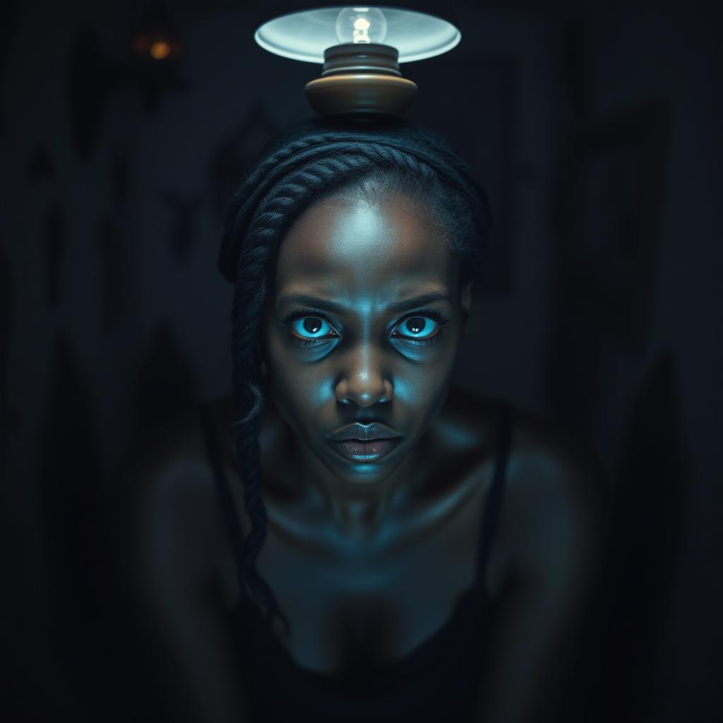 A beautiful African woman with striking blue eyes, sitting alone in a dark and horrifying room, her expression reflecting fear and vulnerability