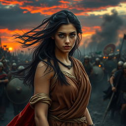 A beautiful young woman in ancient Roman attire, with flowing garments that gracefully drape her figure, showcasing her beauty despite a troubled expression