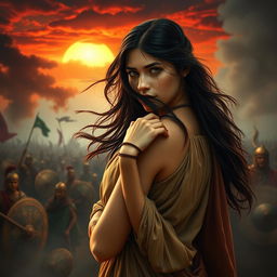 A beautiful young woman in ancient Roman attire, with flowing garments that gracefully drape her figure, showcasing her beauty despite a troubled expression