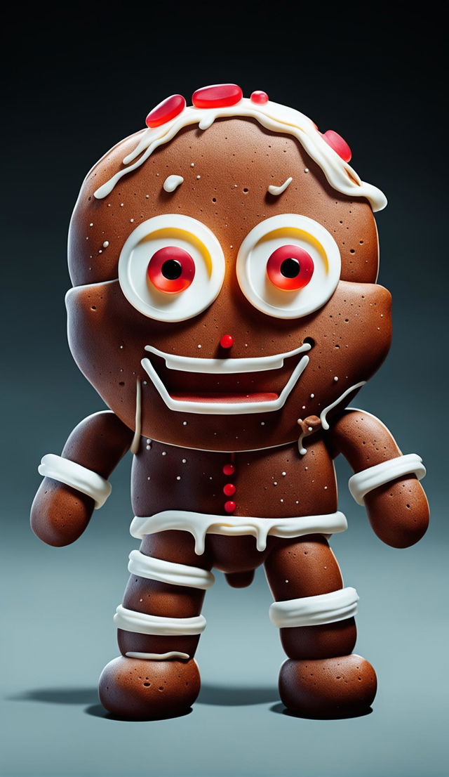 A traditional-shaped angry gingerbread man with narrowed licorice eyes and a frowning mouth made of white icing stands against a gradient blue background.