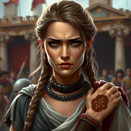 A beautifully artistically rendered image of a troubled female character in ancient Roman attire