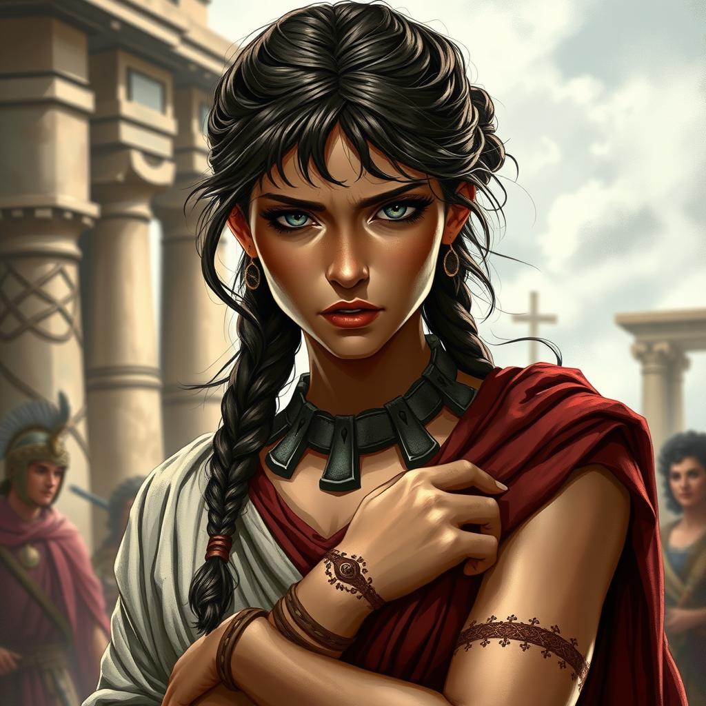 A beautifully artistically rendered image of a troubled female character in ancient Roman attire