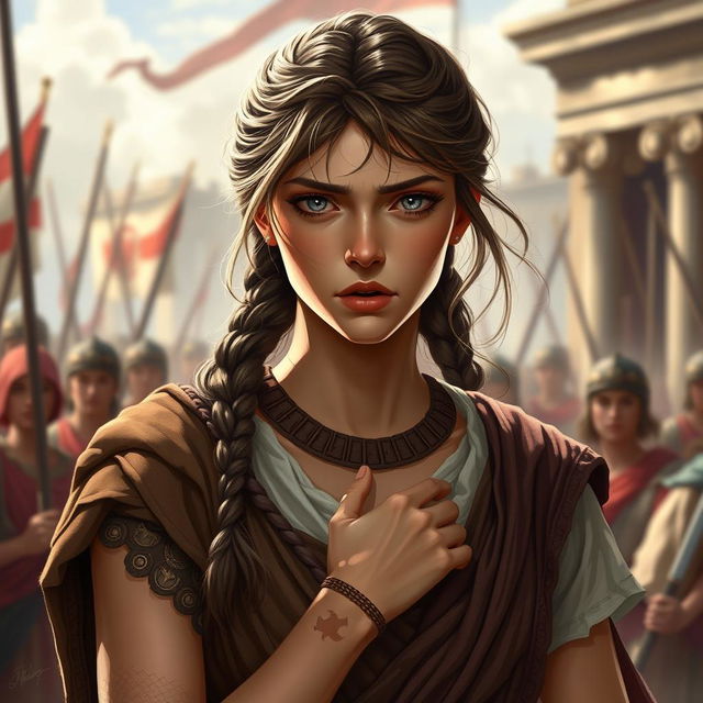 A beautifully artistically rendered image of a troubled female character in ancient Roman attire