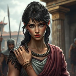 A beautifully artistically rendered image of a troubled female character in ancient Roman attire