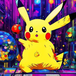 Enhance the previous image of the Murakami print of Pikachu for a more stunning effect. Amplify the vibrancy and richness of the colors, increase the resolution, and intensify the beautiful superflat art elements.