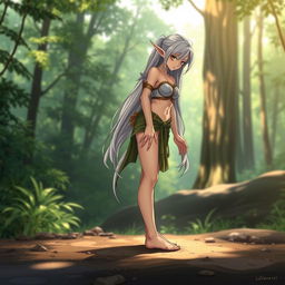 An anime-style female elf preparing for her exercise routine, showcasing a striking blend of grace and strength