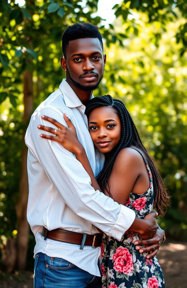 A beautiful tall African man with blue eyes dressed in a white shirt and blue jeans, embracing a young African woman with blue eyes wearing a floral dress