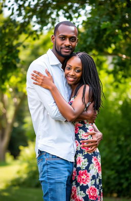 A beautiful tall African man with blue eyes dressed in a white shirt and blue jeans, embracing a young African woman with blue eyes wearing a floral dress