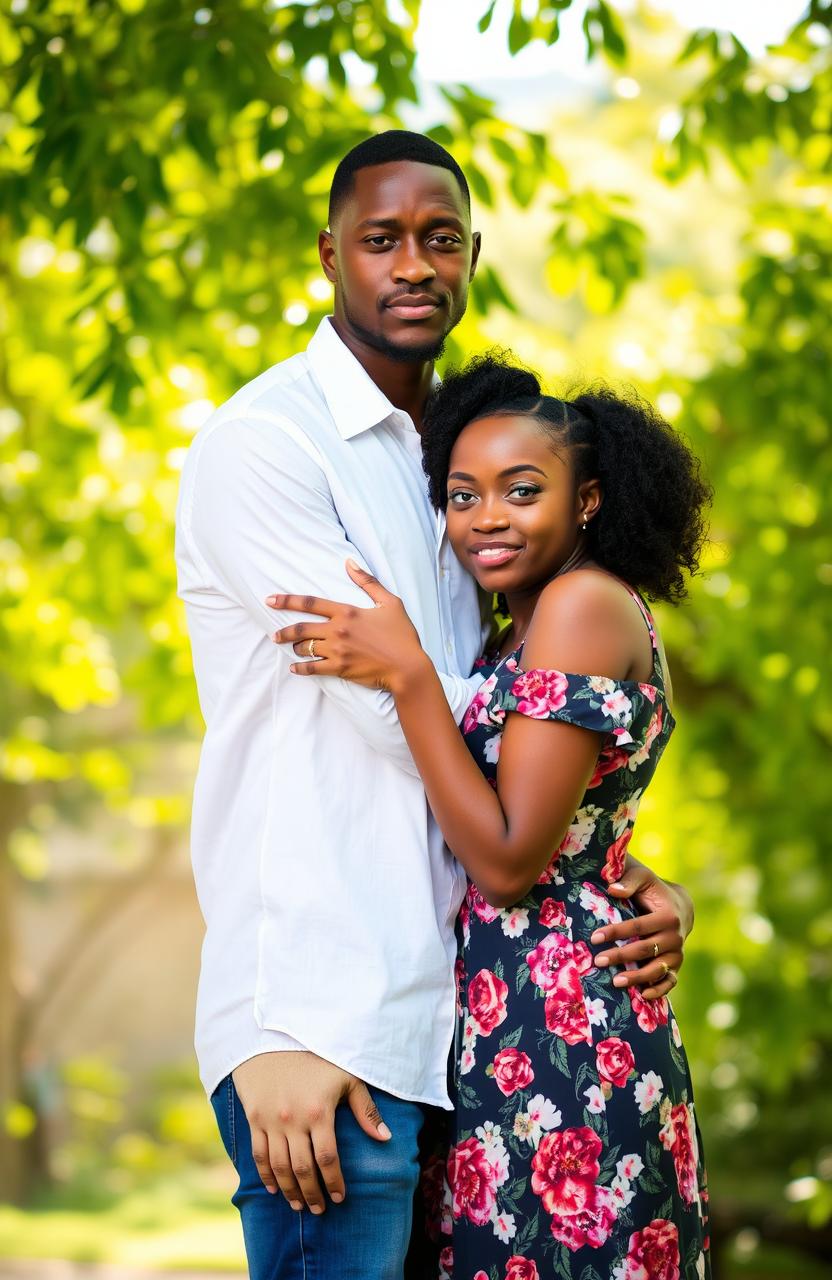 A beautiful tall African man with blue eyes dressed in a white shirt and blue jeans, embracing a young African woman with blue eyes wearing a floral dress