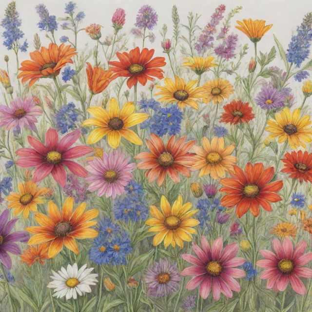 A lively and vibrant drawing of assorted wildflowers, each bloom bursting with a myriad of colors, creating a riotous, eye-catching display.