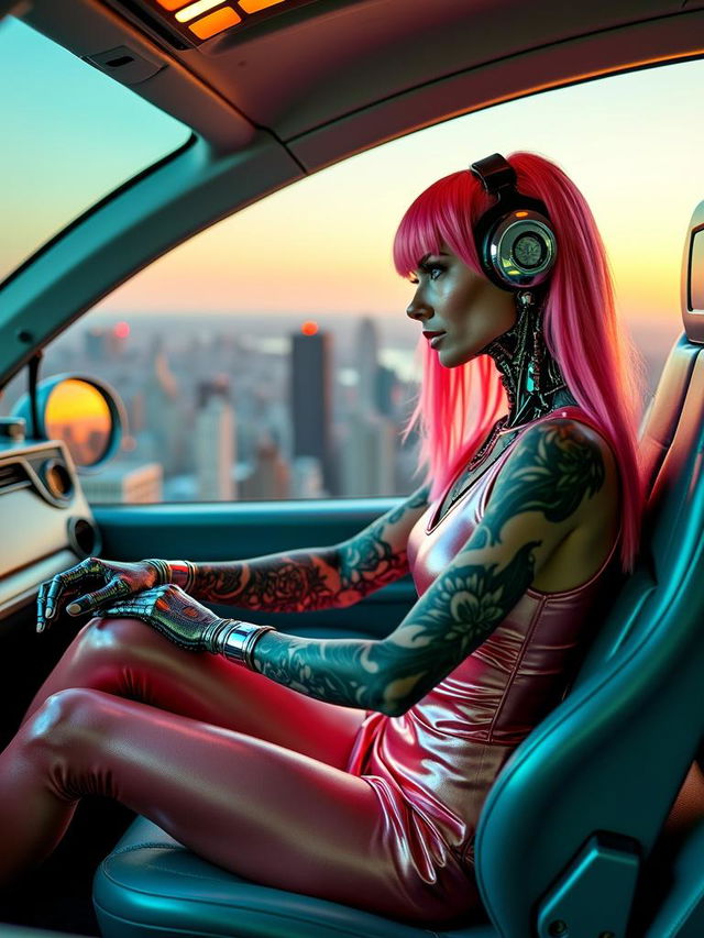 An intriguing scene featuring a half cyborg woman, exhibiting stunning fading tattoos that blend with her robotic features, situated in a spacious and modern flying car