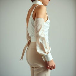 A striking image capturing a boy from the shoulders down, showcasing a neat and feminine body