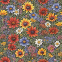 A lively and vibrant drawing of assorted wildflowers, each bloom bursting with a myriad of colors, creating a riotous, eye-catching display.