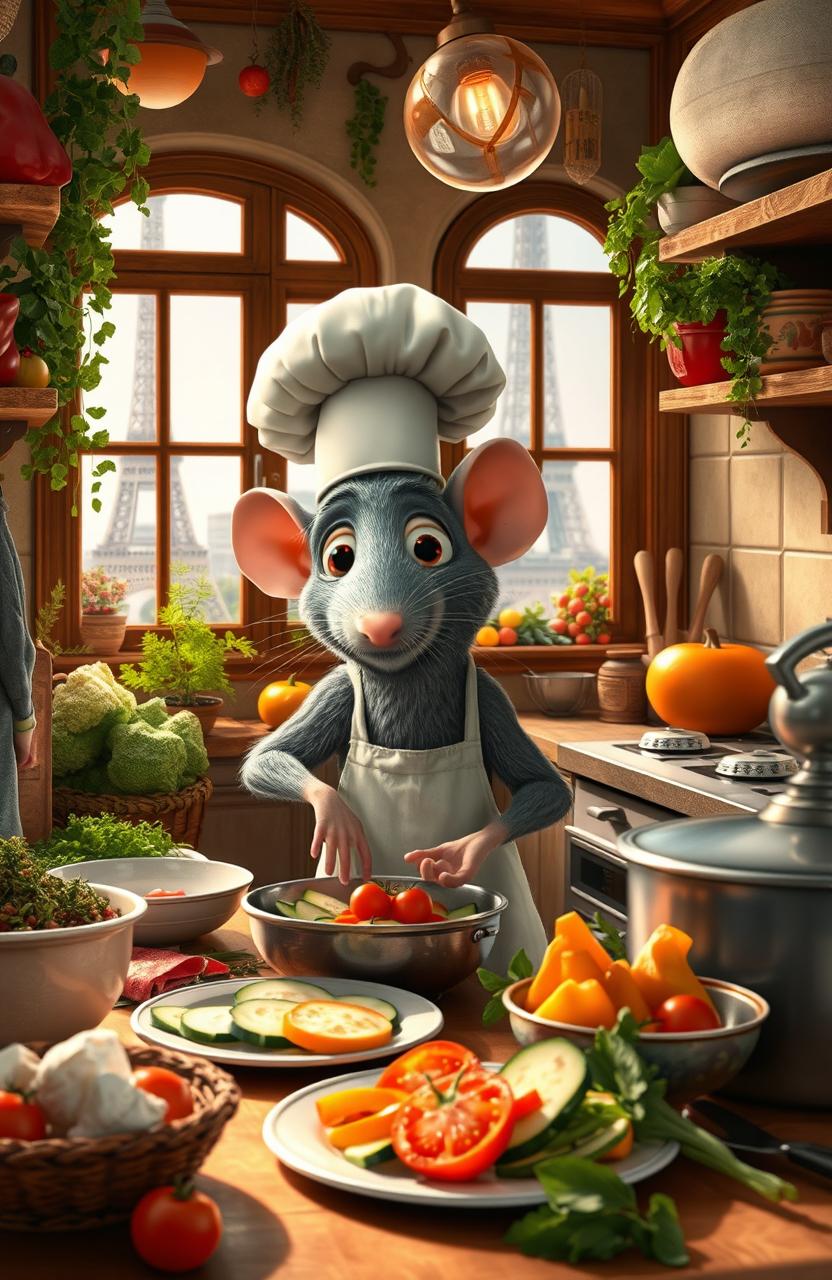 An imaginative scene exploring the culinary adventures of Remy the rat from Ratatouille