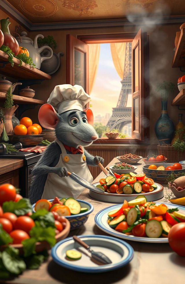 An imaginative scene exploring the culinary adventures of Remy the rat from Ratatouille