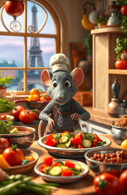 An imaginative scene exploring the culinary adventures of Remy the rat from Ratatouille