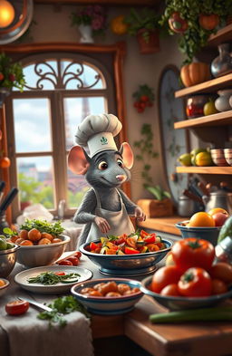 An imaginative scene exploring the culinary adventures of Remy the rat from Ratatouille